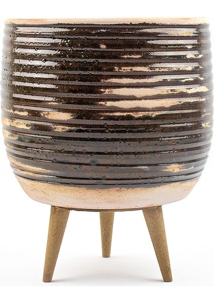 Bitki Tasarımı Ev Dekorasyon Aksesuar Yeşil Sırlı Terrakota Toprak Saksı Saksılık Salon Çiçeklik 3 Ayaklı - 19 cm
