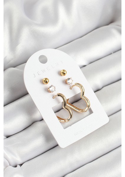 Pirinç Zirkon Taş ve Kalp Figürlü Gold Renk 3'lü Çift Kadın Küpe Set - TJ-BKP10650