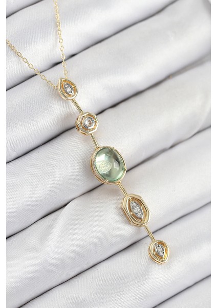 Pirinç Zincir Yeşil Gold Renk Zirkon Taşlı Y Kolye - TJ-BKO10557