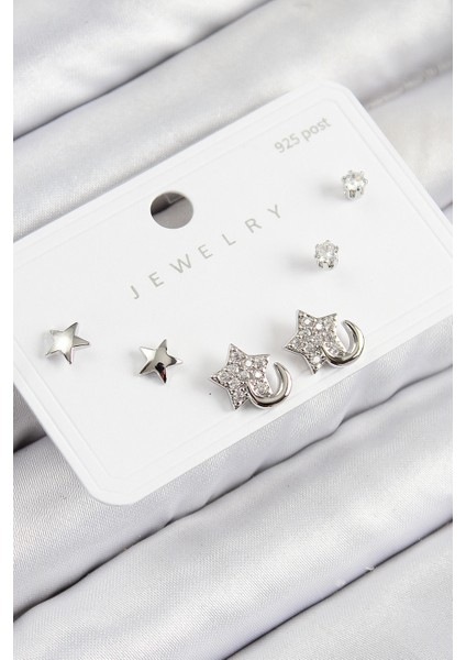 Pirinç Zirkon Taşlı Yıldız Model Gümüş Renk 925 Ayar Gümüş Çivi Kadın Küpe Set - TJ-BKP11177