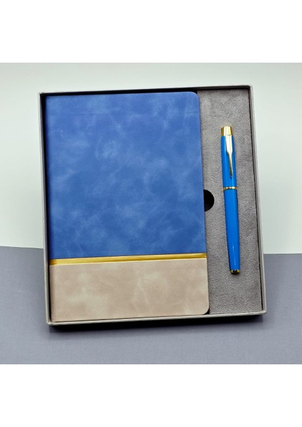 Gold Şeritli Mavi Defter ve Kalem Seti