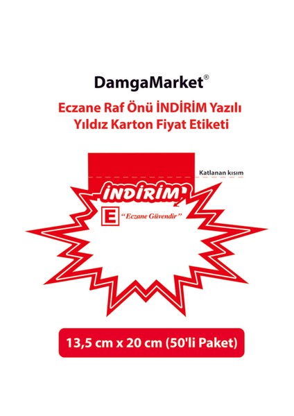Eczane Indirim Yazılı Yıldız Karton Etiketi, Eczane Raf Etiketi 13,5 CMX20 cm (50'li Paket)