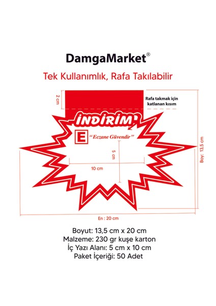 Eczane Indirim Yazılı Yıldız Karton Etiketi, Eczane Raf Etiketi 13,5 CMX20 cm (50'li Paket) modelleri