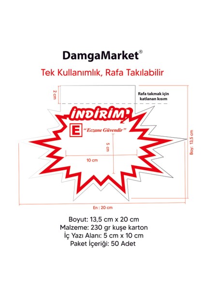 Eczane Raf Önü Indirim Yazılı Yıldız Karton Etiketi, 13,5 cm x 20 cm (50'li Paket) modelleri