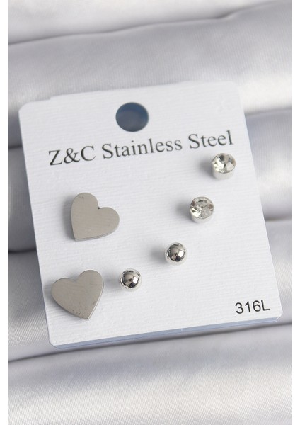 316L Çelik Gümüş Renk Zirkon Taşlı Kalpli Kadın Küpe Seti - TJ-BKP10004