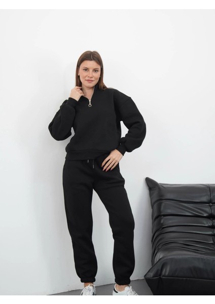 3 Iplik Içi Şardonlu Yarım Fermuarlı Alt Üst Takım Siyah