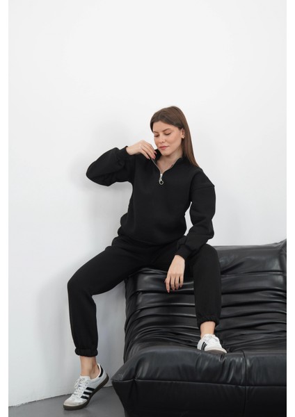 3 Iplik Içi Şardonlu Yarım Fermuarlı Alt Üst Takım Siyah modelleri