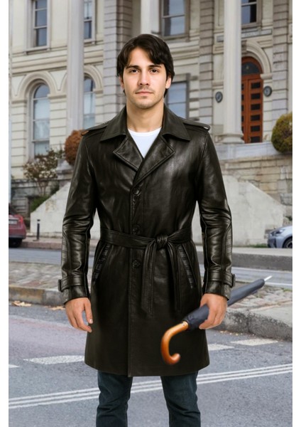 Patrick Hakiki Deri Erkek Siyah Kuşaklı Pardesü