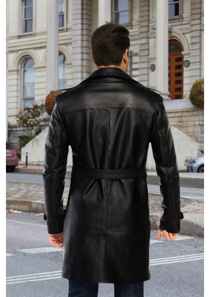 Patrick Hakiki Deri Erkek Siyah Kuşaklı Pardesü modelleri