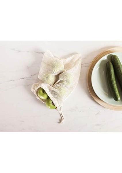 York File Torba 3&apos;lü Set Sebze Torbası, Meyve Torbası, Tekrar Kullanılabilir Alışveriş Filesi, Pamuk, Meyve Filesi, File Çanta, 30 x 35 cm – 25 x 30 cm – 18 x 23 Cm, Eco Natural, Beyaz