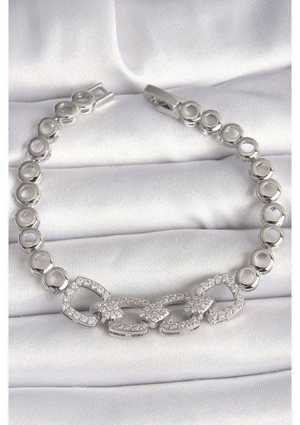 Pirinç Gümüş Renk Zirkon Taşlı Daire Zincir Model Kadın Bileklik - TJ-BB6843