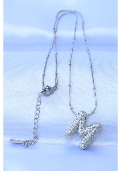 316L Çelik Zincirli Zirkon Taşlı M Harfli Gümüş Renk Bubble Kolye - TJ-BKO8727 fiyatları