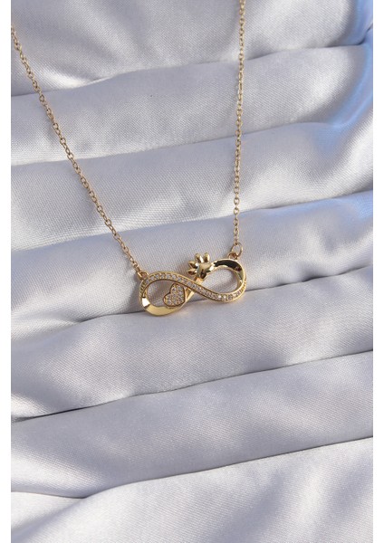 316L Çelik Zincir Gold Renk Zirkon Taşlı Pati ve Kalp Detaylı Sonsuzluk Kolye - TJ-BKO8780