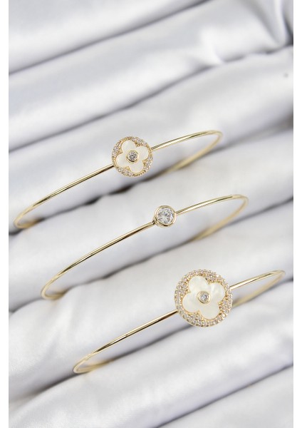 Pirinç Zirkon Taşlı Yonca Model Gold Renk Vip 3'lü Kadın Bileklik - TJ-BB7336 fiyatları
