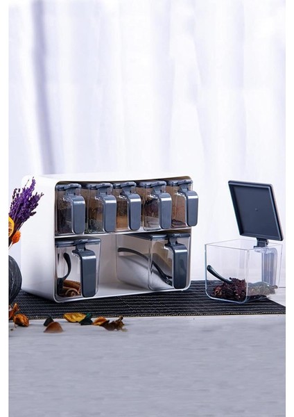 Sekizli Standlı Baharatlık Seti Gri Beyaz - 161280-815