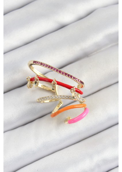 Pirinç Zirkon Taşlı Kırmızı Turuncu Pembe Sıkıştırma Sağ Kıkırdak Gold Renk Kadın Küpe - TJ-BKP10755