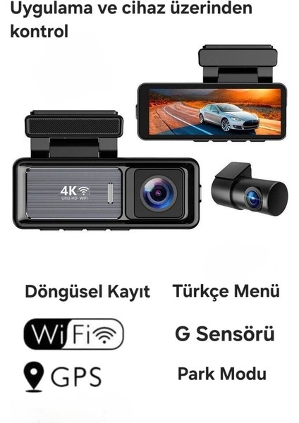 4K Ultra Hd Araç Içi Kamerası – Çift Kamera - Wifi, Gece Görüş, Geniş Açı, Döngüsel Kayıt, Arka Kamera Destekli, 3.2" IPS Ekran, Gps Opsiyonlu, Park Modu modelleri