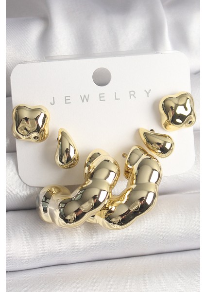 Gold Renk Yonca Damla Halka Model Ccb Plastik Kadın Küpe Seti - TJ-BKP10028