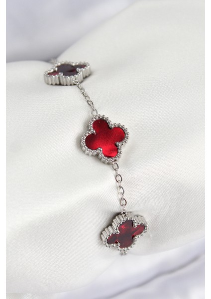 316L Çelik Sedefli Kırmızı Gümüş Renk Yonca Kadın Bileklik - TJ-BB7665