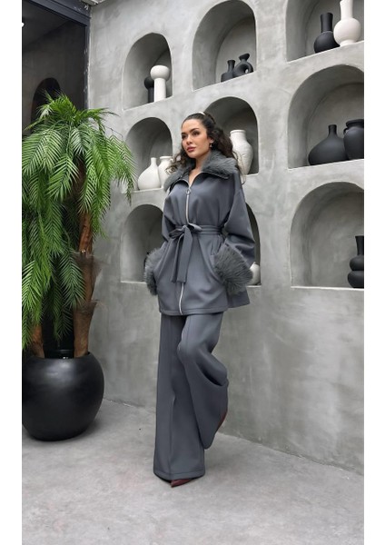 Premium Kürk Detaylı Scuba Kumaş Tesettür Ikili Takım – Pantolonlu Şık Kombin