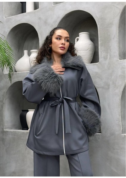 Premium Kürk Detaylı Scuba Kumaş Tesettür Ikili Takım – Pantolonlu Şık Kombin modelleri