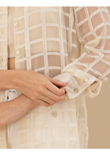 Kadın Krem Transparan Comfort Fit Uzun Kollu Gömlek 50262542-VR071