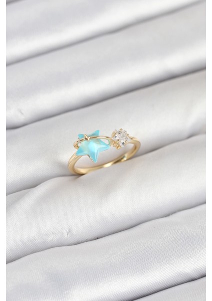 Pirinç Gold Renk Mavi Yıldızlı Model Kadın Yüzük - TJ-BYK3868