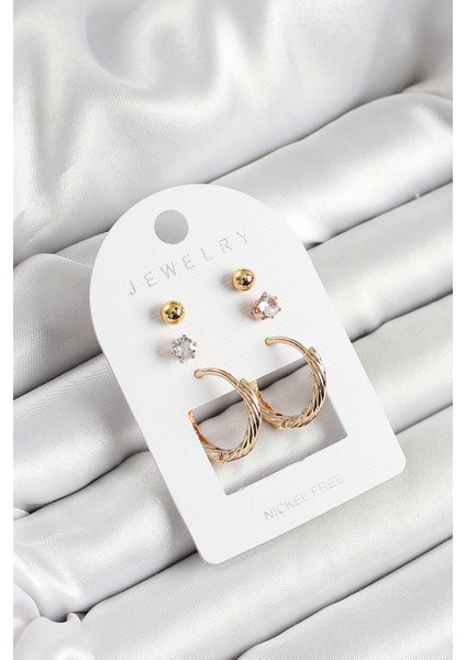 Pirinç Zirkon Taş ve Halka Figürlü Gold Renk 3'lü Çift Kadın Küpe Set - TJ-BKP10652