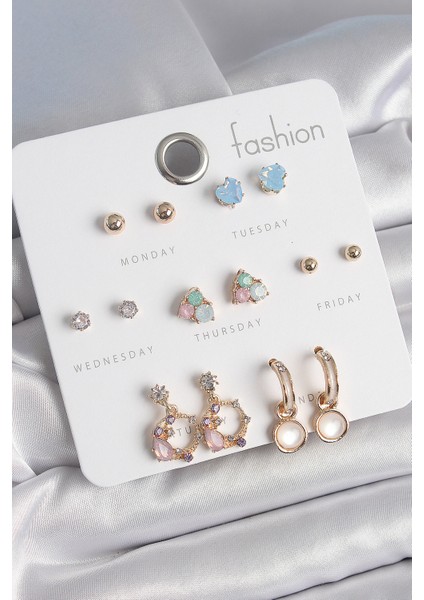 Pirinç Gold Renk Zirkon Taşlı Sallantı Halka Figür Kalp Detay 7 Çift Kadın Küpe - TJ-BKP10533