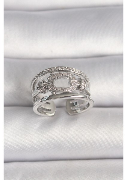 Pirinç Gümüş Renk Ayarlanabilir Zirkon Taşlı Gemici Düğüm Model Kadın Yüzük - TJ-BYK3584