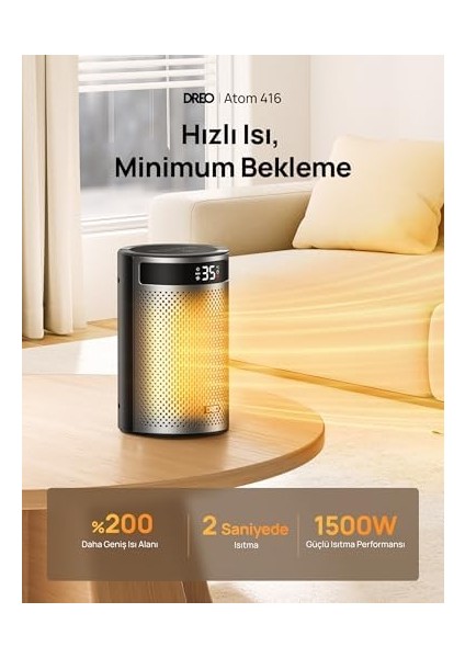 Dreo Atom 416 Seramik Isıtıcı – 1500W, 2sn Hızlı Isıtma, 1-12 Saat Zamanlama, 34DB Fısıltı Sessizliği, 5-35 °c Ayarlanabilir Sıcaklık