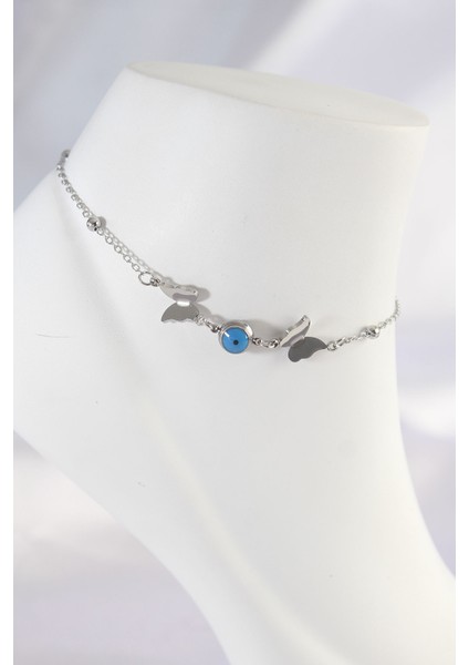 316L Çelik Gümüş Renk Nazar Boncuk Detay Kelebek Halhal - TJ-HH1602