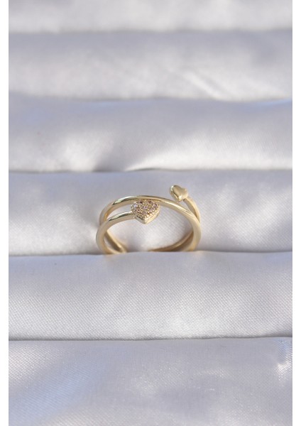 Pirinç Gold Renk Zirkon Taşlı Kalpli Model Ayarlanabilir Yüzük - TJ-BYK3203