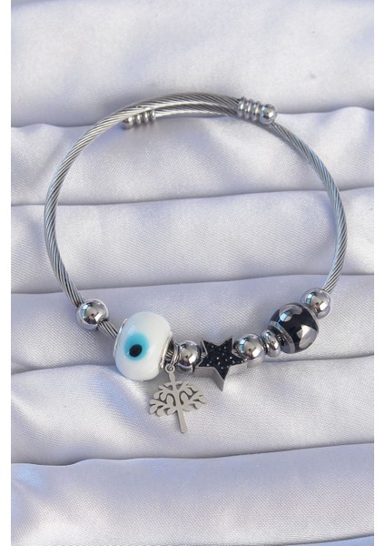 316L Çelik Gümüş Renk Siyah Zirkon Taşlı Yıldız Tasarımlı Ağaç Detay Nazarlı Charm Bileklik - TJ-BB6198