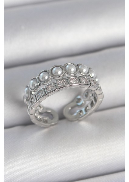 Pirinç Gümüş Renk 2'li Sıra Zirkon Taşlı ve Incili Ayarlanabilir Kadın Yüzük - TJ-BYK3720