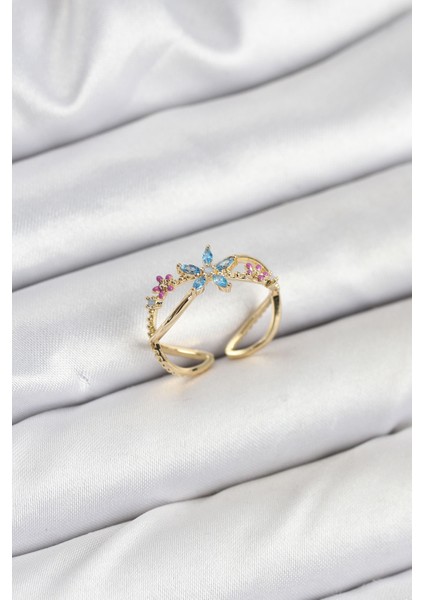 Pirinç Gold Renk Zirkon Taşlı Mavi Çiçekli Kadın Yüzük - TJ-BYK3834