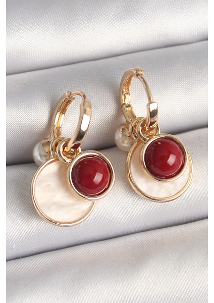 Pirinç Gold Renk Sallantı Beyaz Mineli Bordo Detay Kadın Küpe - TJ-BKP10362