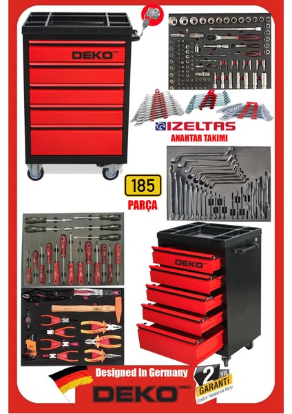 Xl Trend Izeltaş Seri 5 Çekmeceli Içi Dolu 185 Parça Full Set Alet Dolabı Atölye Usta Takım Arabası