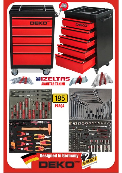 Xl Trend Izeltaş Seri 5 Çekmeceli Içi Dolu 185 Parça Full Set Alet Dolabı Atölye Usta Takım Arabası fiyatları