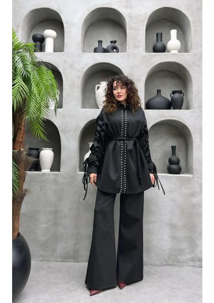 Taş Süslemeli Volanlı Kol Detaylı Premium skuba Kumaş Pantolonlu Ikili Takım