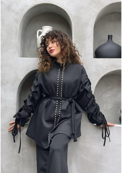 Taş Süslemeli Volanlı Kol Detaylı Premium skuba Kumaş Pantolonlu Ikili Takım fiyatları