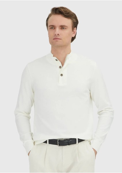 Ekru Polo Yaka Düz Örgü Triko Kazak
