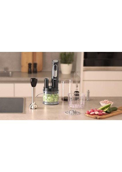 Multiquick 5 Pro MQ55755M, 25 Hız Kademeli El Mikseri, Easy Click Plus, 1000 W, Siyah, Mini Mutfak Robotu, Doğrayıcı, Çırpma Teli, Karıştırma ve Ölçüm Kabı (600 Ml)