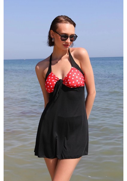 - Kadın Likralı Şortlu Fiyonklu Elbise Mayo Kırmızı