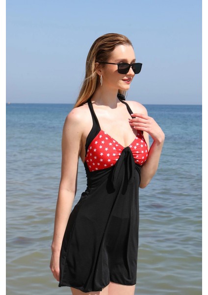 - Kadın Likralı Şortlu Fiyonklu Elbise Mayo Kırmızı modelleri