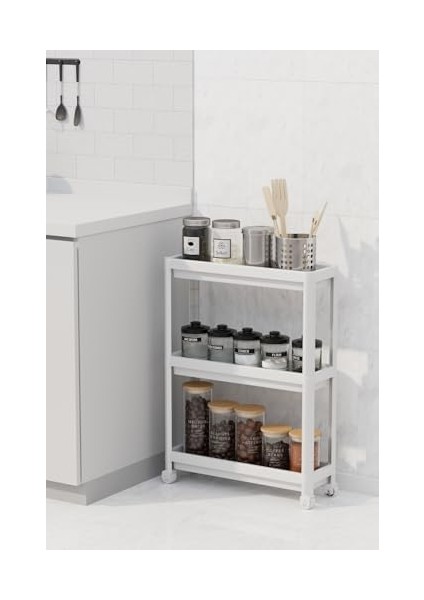 Life 3 Katlı Tekerlekli Slim Ince Beyaz Banyo Mutfak Rafı MIT1125