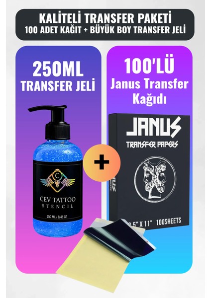 100 Adet Janus Kaliteli Tattoo Transfer Kağıdı + 250 ml Stencil Jeli – Net ve Kalıcı Şablon Seti