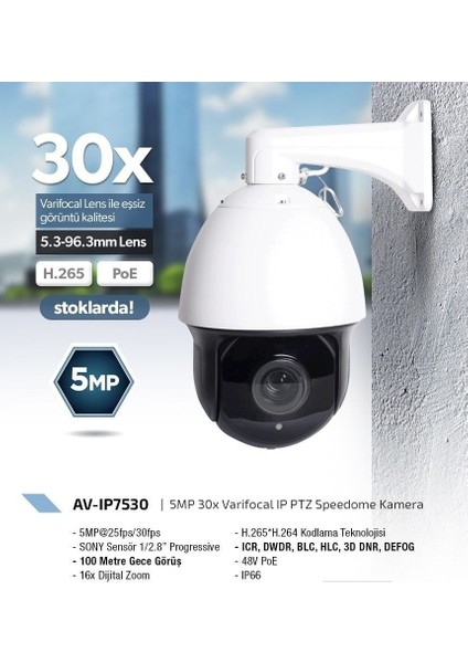 AV-IP75305 Mp F=5.3mm -96.3mm Varical Lens 30X Ip Ptz Speedome Kamera