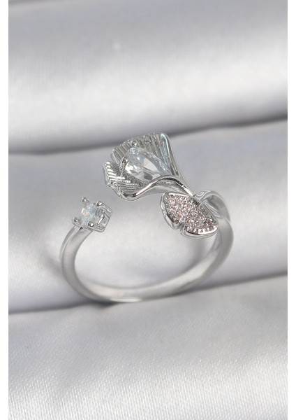 Pirinç Gümüş Renk Zirkon Taşlı Deniz Kabuğu Model Ayarlanabilir Kadın Yüzük - TJ-BYK3740