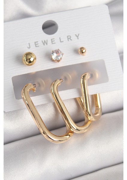 Pirinç Gold Renk Halka Model Zirkon Taş Topçuk Detay Kadın Küpe Seti - TJ-BKP10314